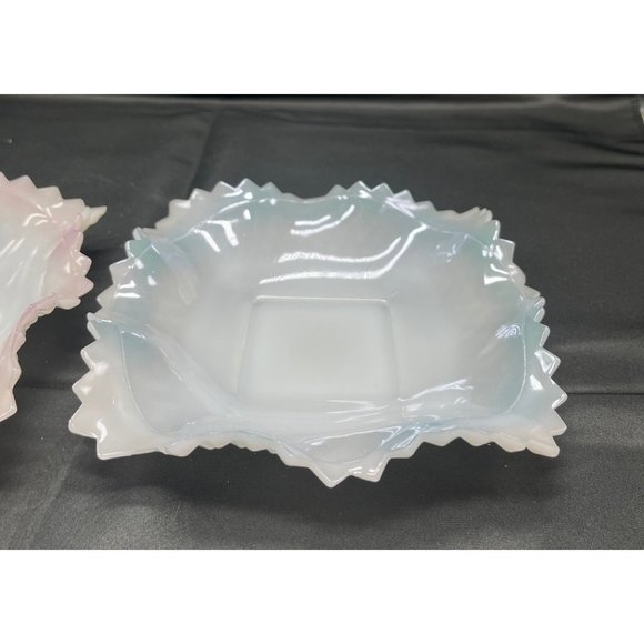 2 Square Milk Glass Candy Dish Ruffle Sawtooth Pink Blue Lusterware - Picture 5 of 6